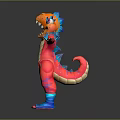 Vibrant Dinosaur Costume Worn by Person Standing With Arms Outstretched in Orange Blue Red