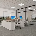 Public Office Space With Large Windows Recessed Lights Long Desk Computer Monitors Office Chairs And Gray Carpet