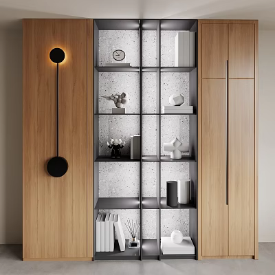 Modern Display Shelf With Glass Grid Wooden Frame Decorative Clock Sculptures Books And Warm Lighting 3d model