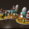 Christmas Themed Cartoon Santa Claus Figurines With Sitting Standing Poses And Yellow Blue Decorations