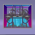 Fashion District Window Display With Neon Lights Statue of Liberty Palm Trees Blue Lit Background
