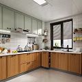 Modern Kitchen Interior With Green Upper Cabinets Wooden Lower Cabinets White Refrigerator And Window Blinds