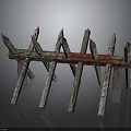 Rustic Wooden Spiked Obstacle With Crossed Planks Red Stains And Sharp Spikes