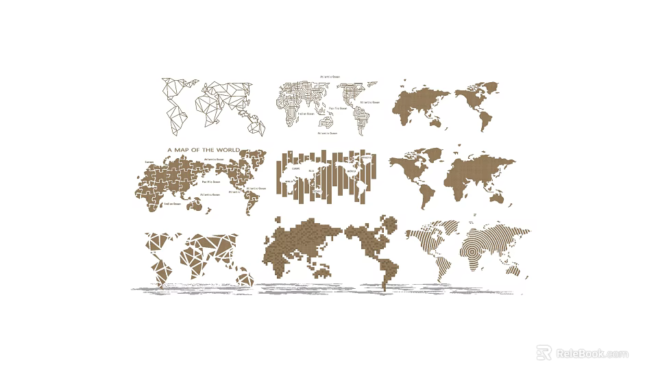 Different World Map Wall Decor with Geometric Patterns and City Skyline 3d model