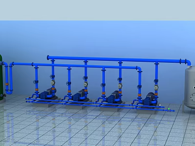 Industrial Equipment With Blue Pipes Multiple Pumps And Storage Tank Setup 3d model