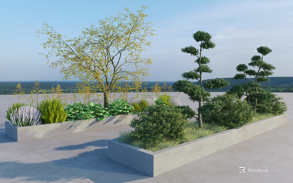 Road Facilities Featuring Concrete Flower Beds Trees Shrubs Open Sky And Distant Landscape 3d model