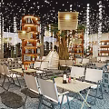 Modern Literary Space Interior With Bookshelves Books Tables Chairs Counter And Star Lights
