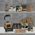 Elegant Kitchenware Collection With Blender Toaster Wooden Cutting Board Olive Oil Bottles And Spice Jars