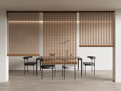 Minimalist Bamboo Blinds In Modern Dining Area With Table And Black Chairs 3d model