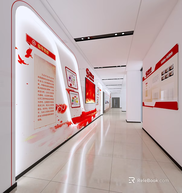 Modern Office Corridor With Red Themed Wall Displays Slogans Decorative Elements And Bright Lighting 3d model 