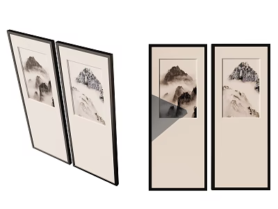 Traditional Chinese Landscape Painting with Black Framed Wall Art Featuring Mountain And Cloud Scenery 3d model