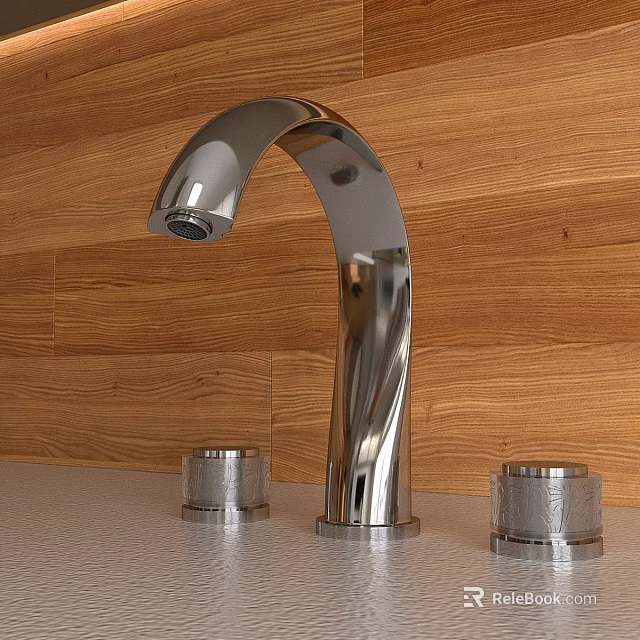 Modern Chrome Curved Spout Faucet With Wooden Wall Background And Handle Controls 3d model 