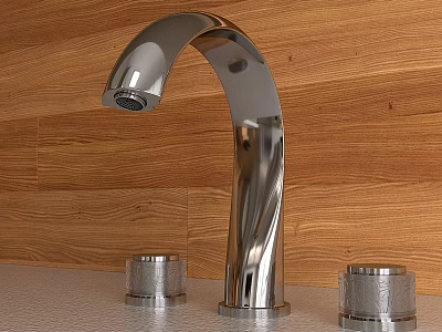 Modern Chrome Curved Spout Faucet With Wooden Wall Background And Handle Controls 3d model