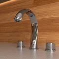 Modern Chrome Curved Spout Faucet With Wooden Wall Background And Handle Controls