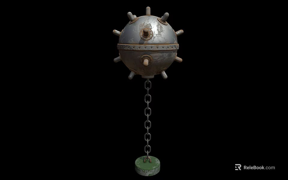 Ancient Metal Spiked Ball Weapon With Rivets Chain And Green Base 3d model 