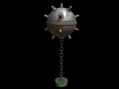 Ancient Metal Spiked Ball Weapon With Rivets Chain And Green Base 3d model