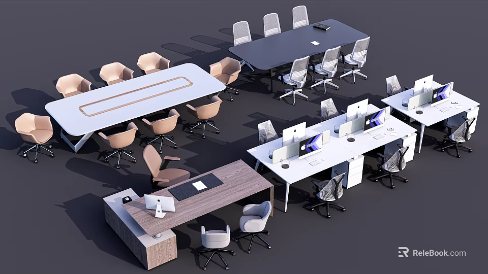 Modern Office Desks With Ergonomic Chairs Computer Monitors And Meeting Tables 3d model 