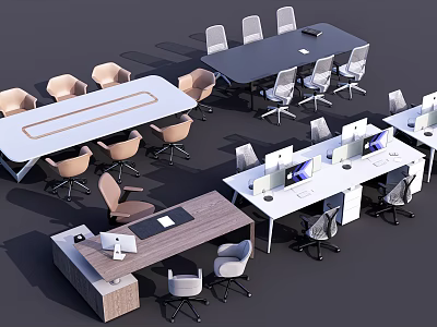 Modern Office Desks With Ergonomic Chairs Computer Monitors And Meeting Tables 3d model
