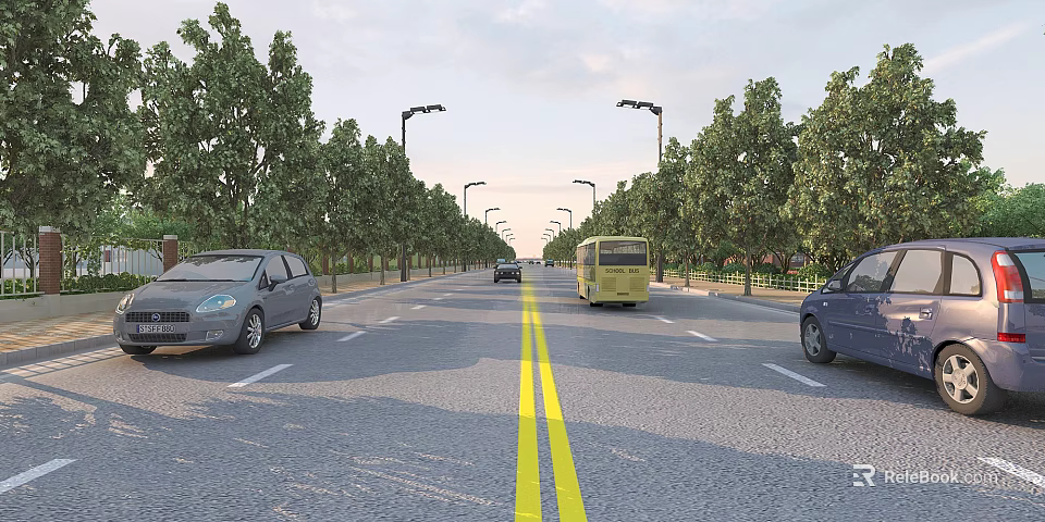 Urban Road Infrastructure Featuring Yellow Double Solid Lines Street Lamps Trees And Moving Vehicles 3d model 