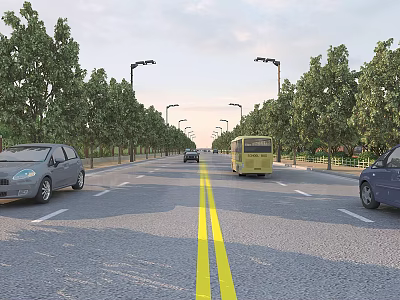 Urban Road Infrastructure Featuring Yellow Double Solid Lines Street Lamps Trees And Moving Vehicles 3d model