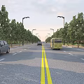 Urban Road Infrastructure Featuring Yellow Double Solid Lines Street Lamps Trees And Moving Vehicles