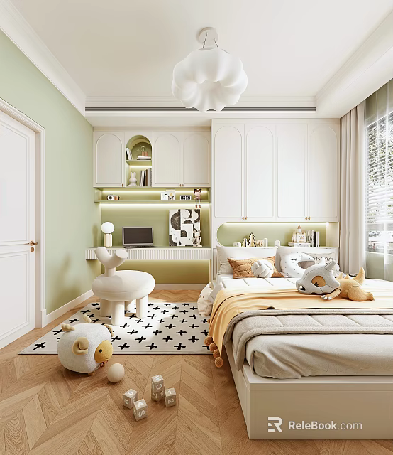 Tatami Bedroom Cozy Interior Design With Soft Pillows Warm Blanket And Storage Cabinets 3d model 