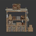 Rustic Wooden Market Stall With Circular RP Sign Shelves And Lantern Decor