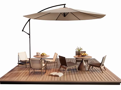 Outdoor Table With Wooden Deck Chairs Large Umbrella And Fruit Plants For Patio Leisure 3d model