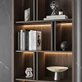 Modern Elegant Wooden Shelving Unit With Layered Shelves Books And Decorative Ornaments
