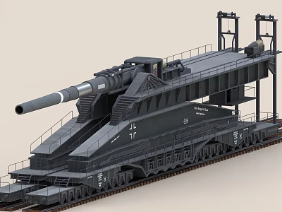 Large Black Railway Gun on Railway Tracks Featuring Long Barrel Top Platform and Multiple Wheels 3d model