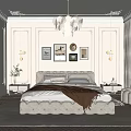 Elegant Bedroom Interior With Soft Upholstered Bed Chandelier Wall Art Side Tables And Accent Chair