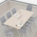 Light Wood Conference Table With Gray Office Chairs Coffee Cups And Documents In Modern Space