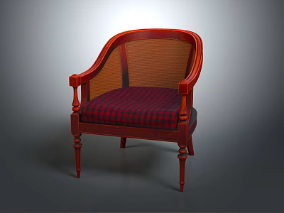 Vintage Wooden Armchair With Rattan Backrest Plaid Upholstered Seat And Carved Legs 3d model