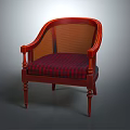 Vintage Wooden Armchair With Rattan Backrest Plaid Upholstered Seat And Carved Legs