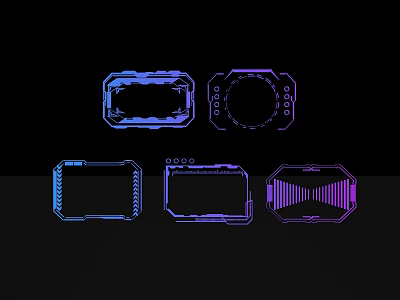 Futuristic Sculpture Carving Art With Five Varied Shapes And Blue Purple Gradient Frames 3d model