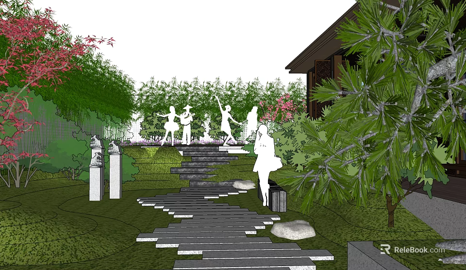 Lush Green Roof Garden with Stone Path Steps Trees and Relaxation Area 3d model 