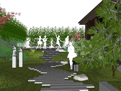 Lush Green Roof Garden with Stone Path Steps Trees and Relaxation Area 3d model