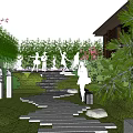 Lush Green Roof Garden with Stone Path Steps Trees and Relaxation Area