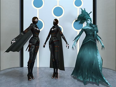 Game and Movie Characters in Black Armored and Green Robed Attire with Circular Blue Lights 3d model