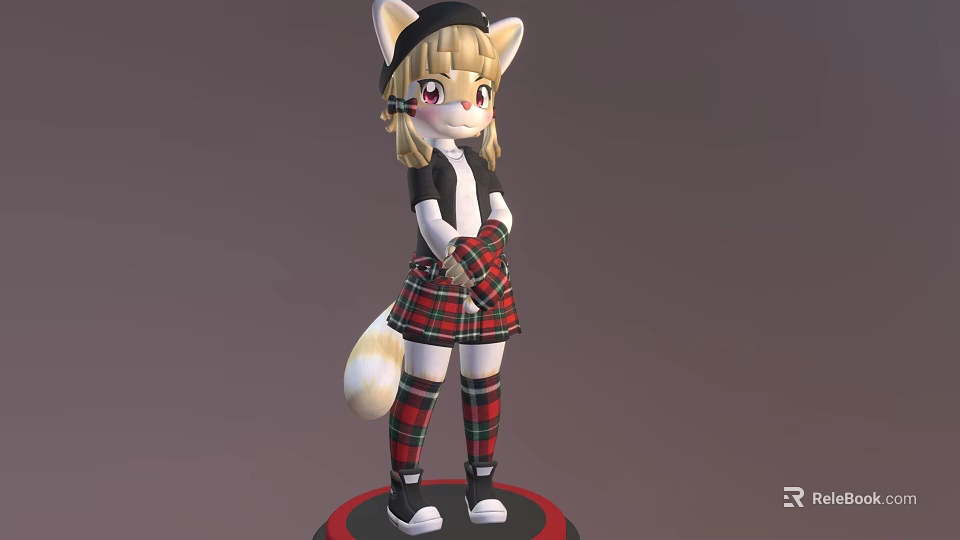 3D Cat Eared Character Model With Blonde Hair Hat Plaid Skirt And Tail 3d model 