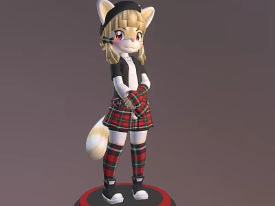 3D Cat Eared Character Model With Blonde Hair Hat Plaid Skirt And Tail 3d model