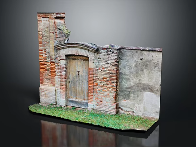 Aged Wooden Entrance Gate With Red Brick Walls And Green Grass Base 3d model