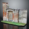 Aged Wooden Entrance Gate With Red Brick Walls And Green Grass Base