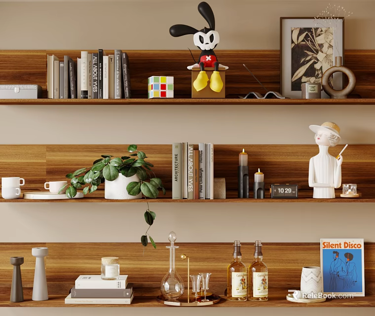 Decorative Ornament Set With Books Green Plant Plush Toy Candles And Sculpture On Wooden Shelves 3d model 