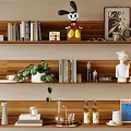 Decorative Ornament Set With Books Green Plant Plush Toy Candles And Sculpture On Wooden Shelves