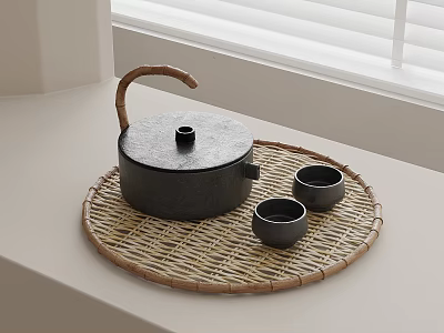 Minimalist Black Tea Set with Bamboo Handle Two Small Cups Woven Tray on Window Sill 3d model