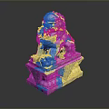 Traditional Chinese Stone Lion Sculpture With Red Ribbon And Decorative Base
