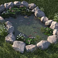 Circular Stone Garden Pond With Water Lilies Koi Fish Rocks White Flowers And Green Grass