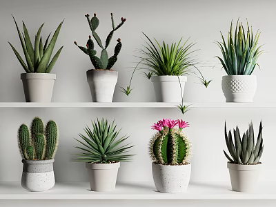 Potted Succulents and Cacti in White Textured Pots on Display Shelves 3d model
