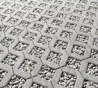 Urban Commercial Street Paved Ground With Hexagonal Concrete Grids And Small Stones 3d model
